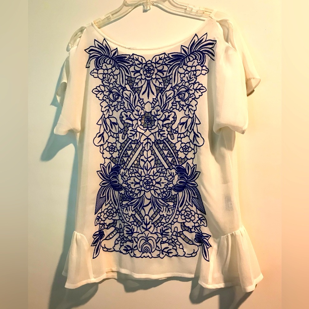 Cream Top with Blue Floral Embroidery S